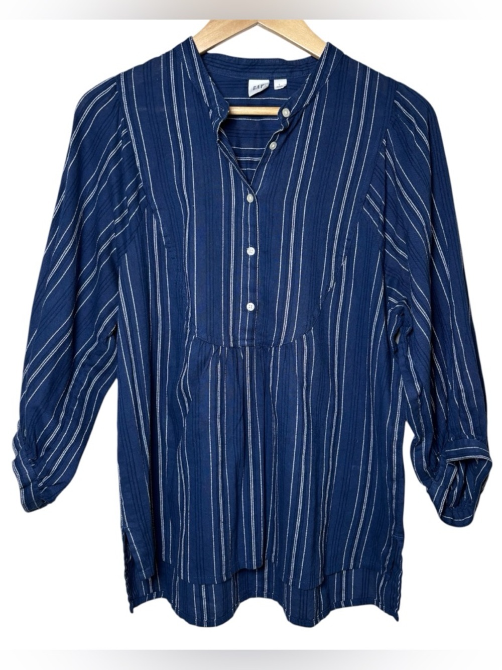 GAP Peasant Top Womens Large Blue Pintuck Pleated Cotton Balloon Sleeve Cottage
